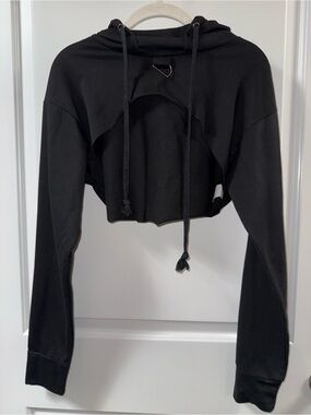 Black Cropped Hoodie with Hood Drawstrings - Women Tops